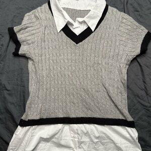 Gray and Black Women's V-Neck Blouse